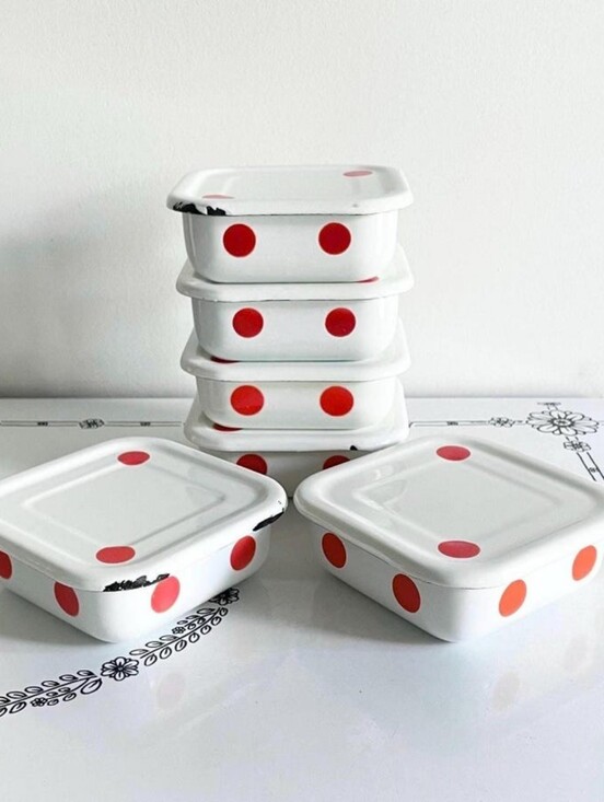 Other - Vintage Set Of 6 RED + WHITE Polka DOT Stacking Enamelware Lidded Containers